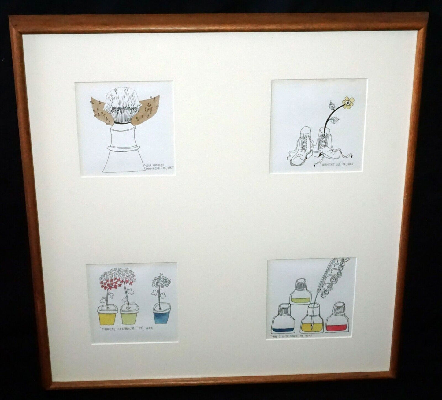 1972 US Koa Framed 4x Color Print Whimsical Grouping signed W.R.T. (CWo)