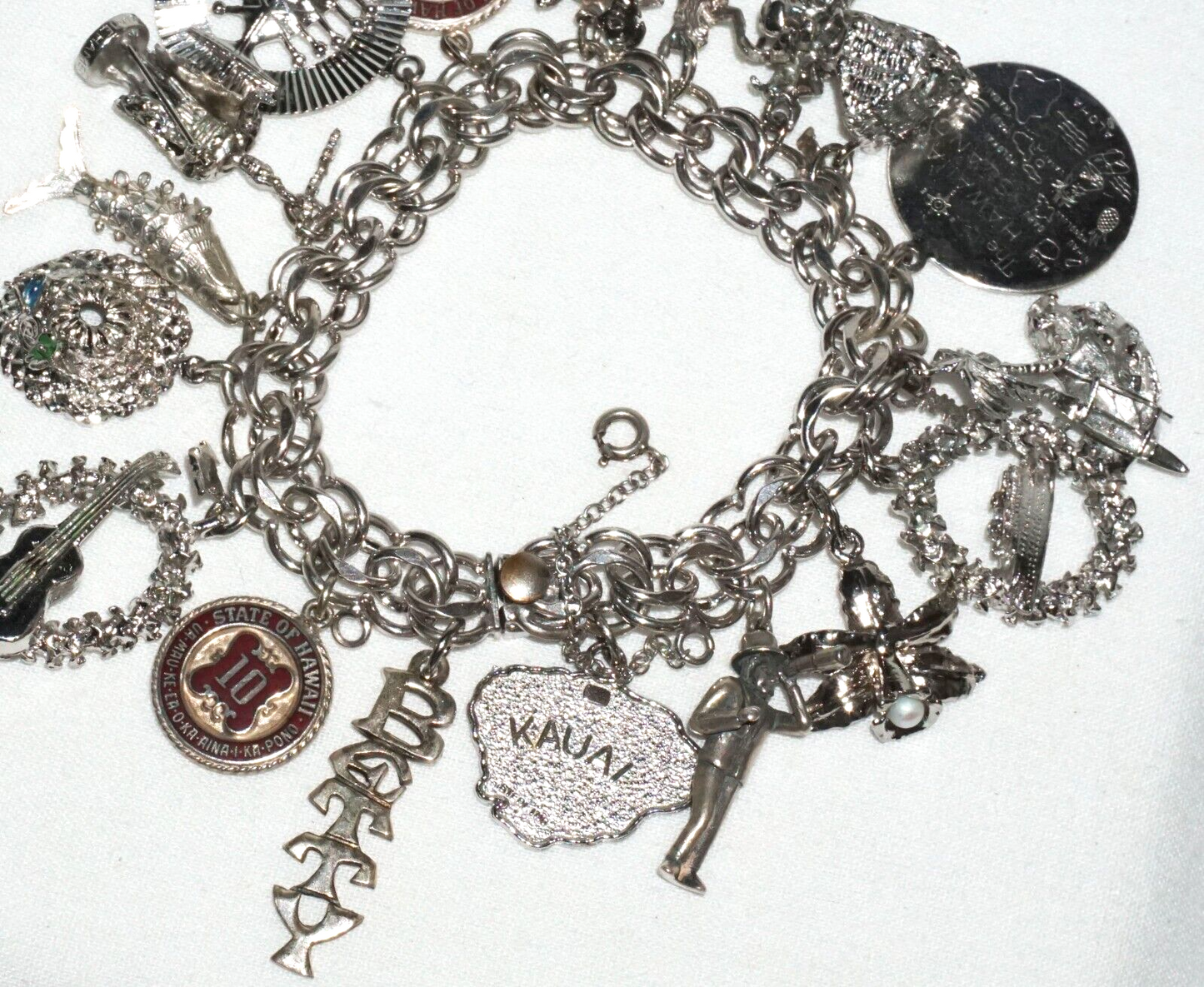 Vintage Sterling Silver Charm Bracelet w. 18x Hawaii Themed Charms (BrM)#6
