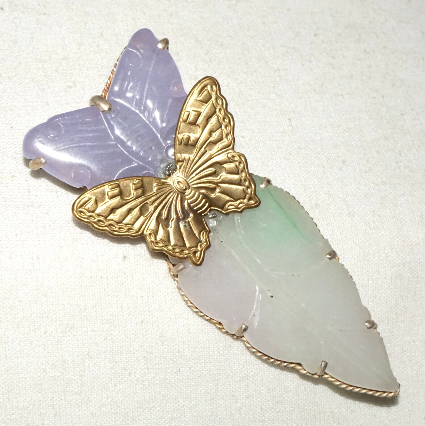 Vintage Chinese Fashion Lavender Jade Butterfly & Leaf Brooch Pendant (LeP)