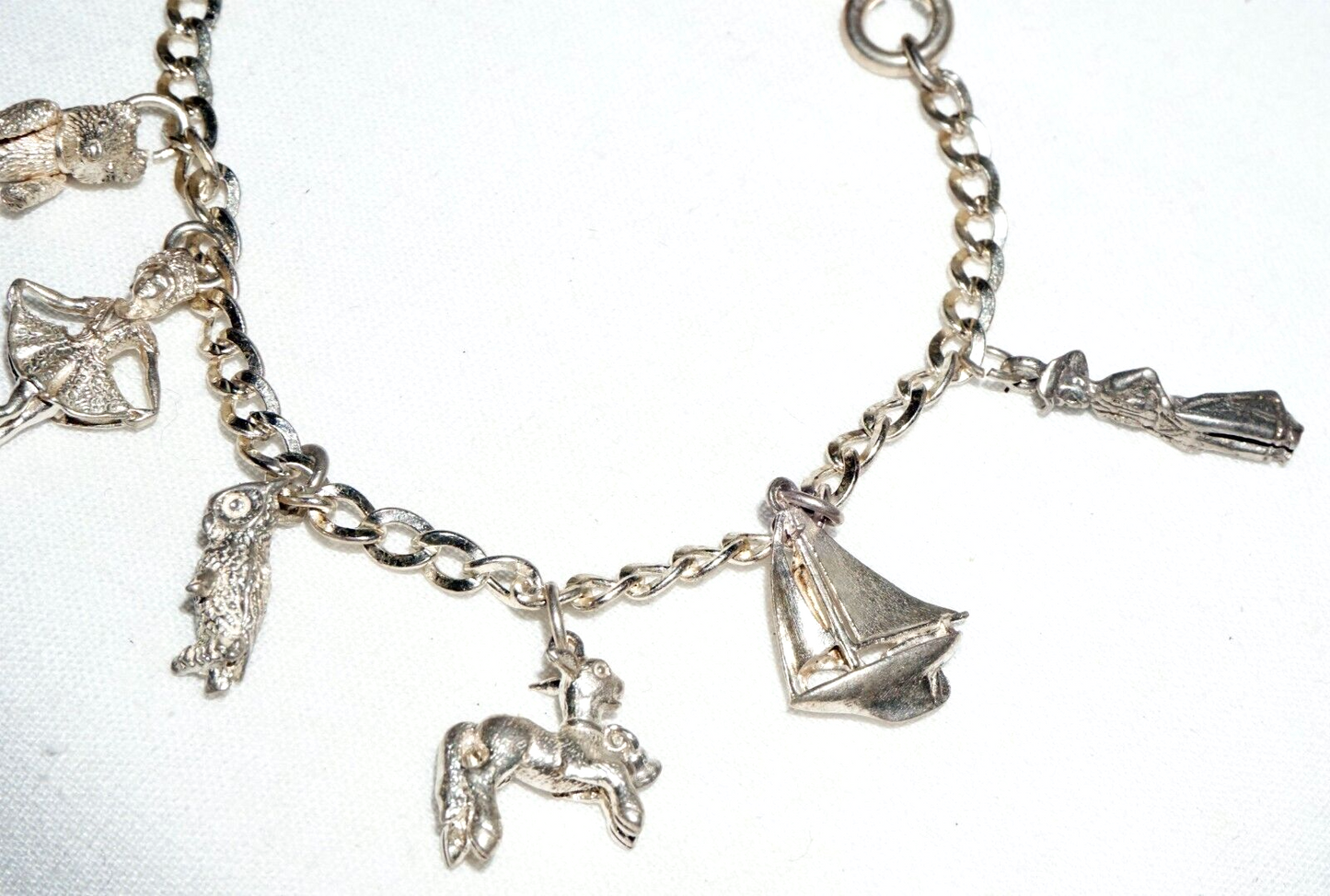Vintage Sterling Silver Charm Bracelet w. 9x Charms Ballerina Wiener Dog (BrM)#6