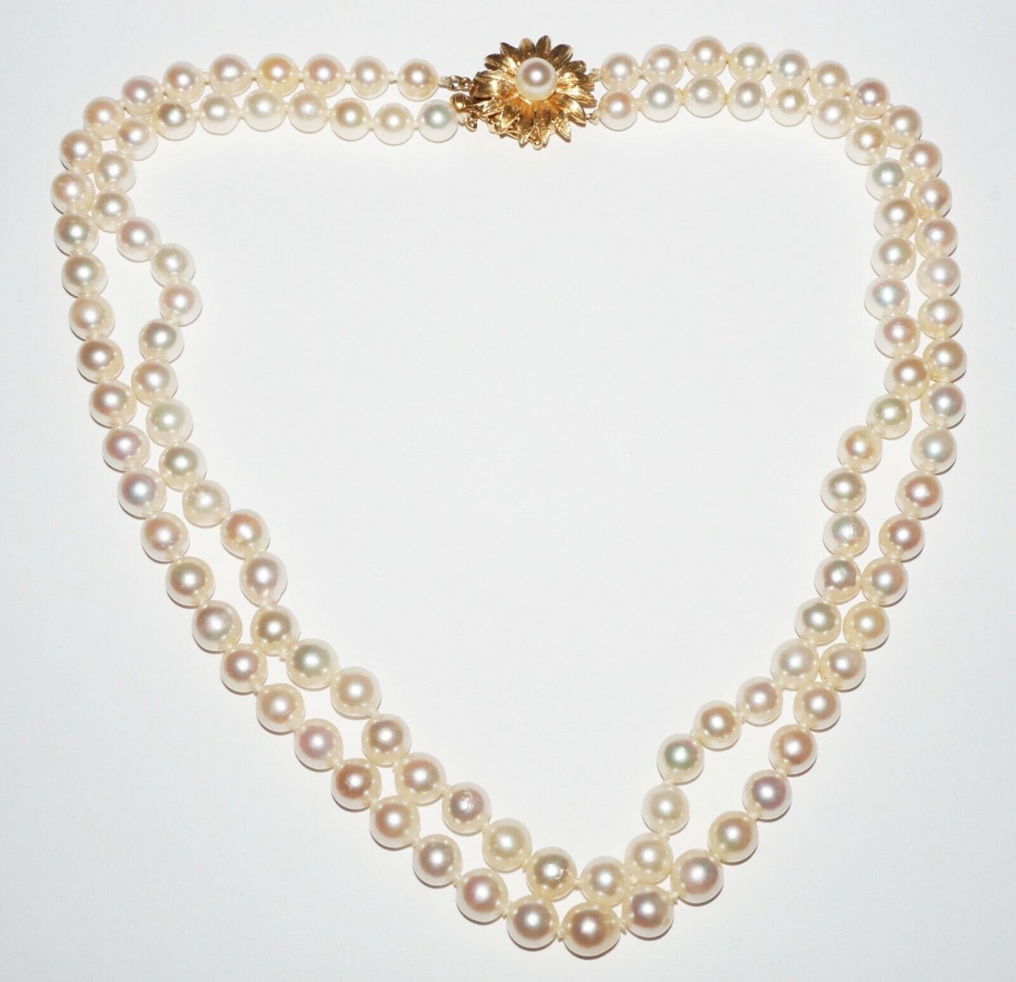 Vtg Chinese Double Strand Pearl Necklace w. Yellow Gold Flower Clasp (NaD)#17b