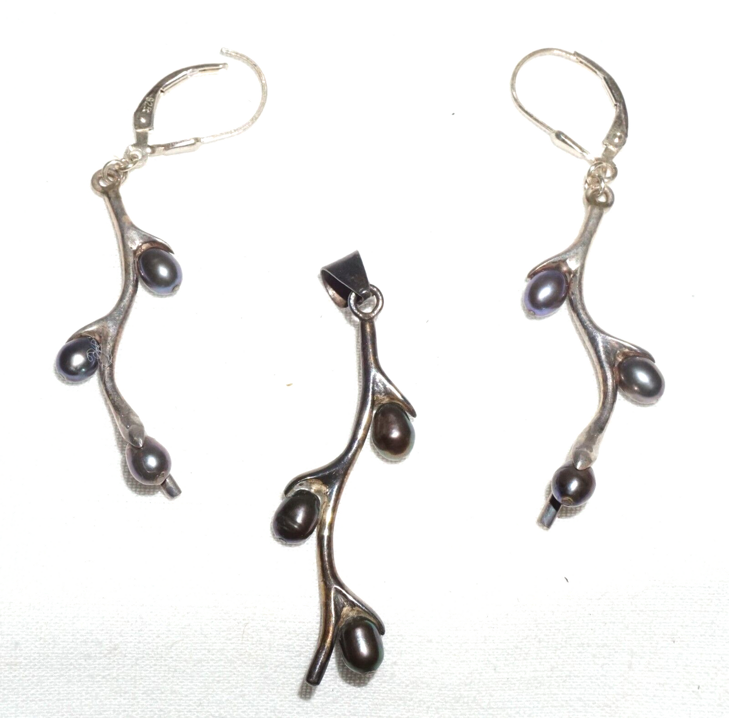 3Pc Vtg Sterling Silver & Grey Pearl Branch Motif Earrings & Pendant set (JoD)