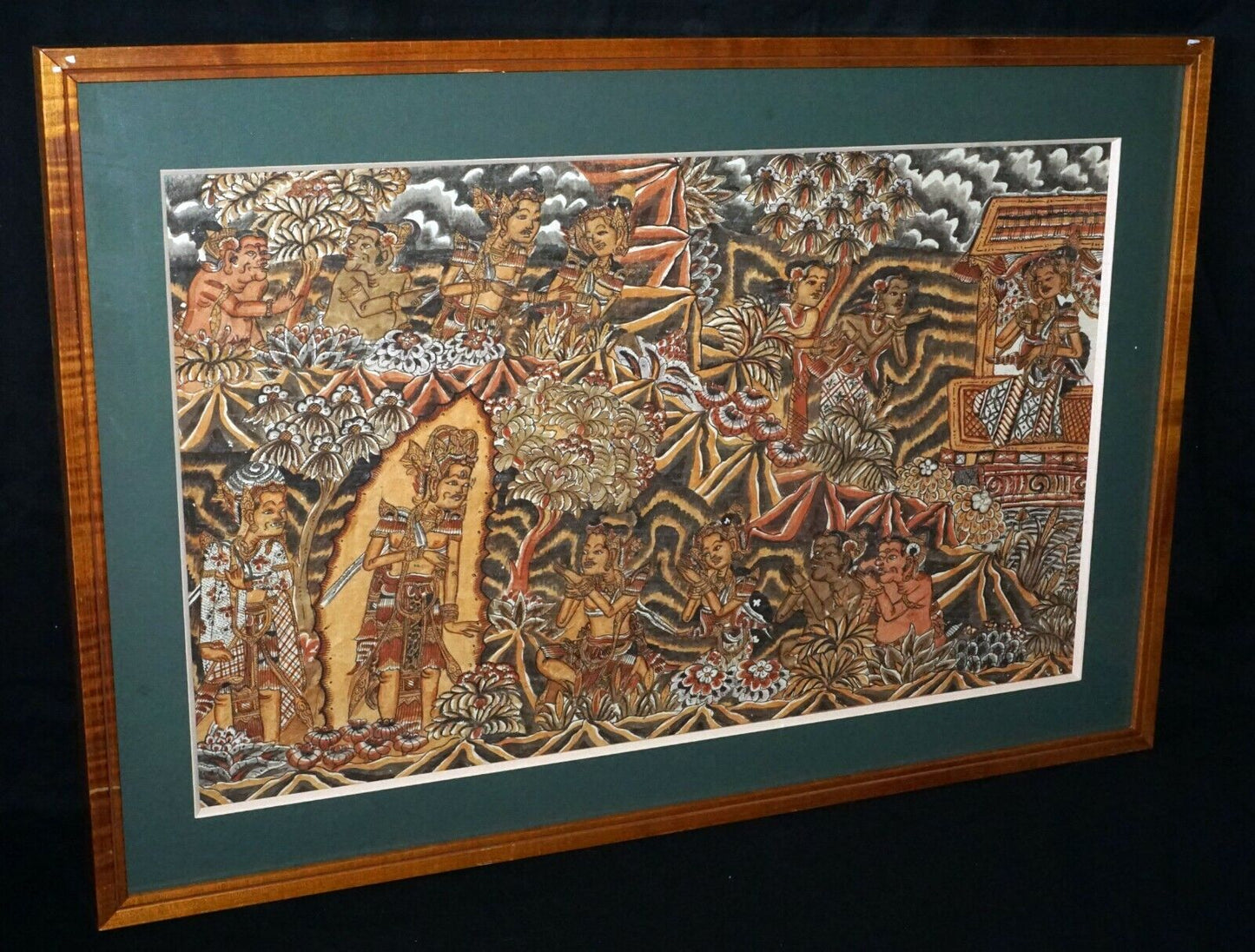 40s Balinese Koa Framed Folk Painting "Figures & Temples" unsigned (AsL)