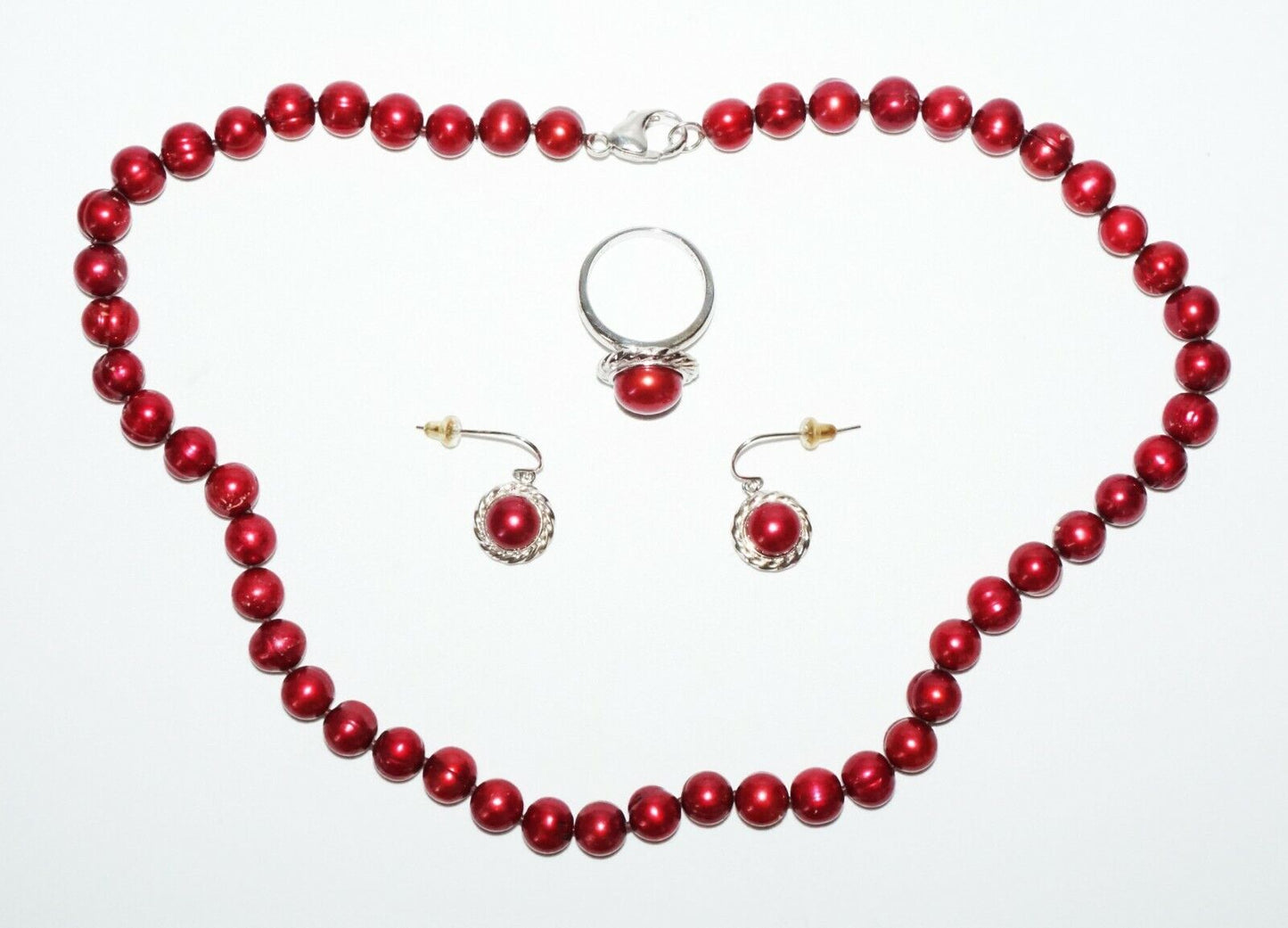 4Pc Sterling Silver & Red Pearl Necklace Ring Sz.8 & Pair Earrings Set (SaR)#441
