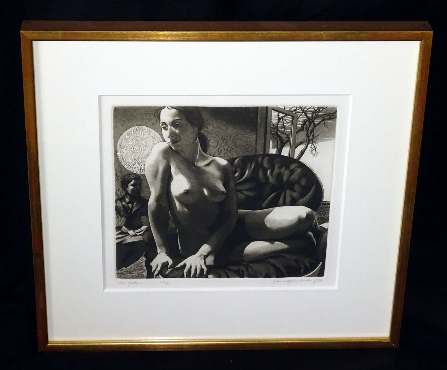 1983 US Framed Etching Print "The Letter" Female Nude by David Bumbeck (AHB)