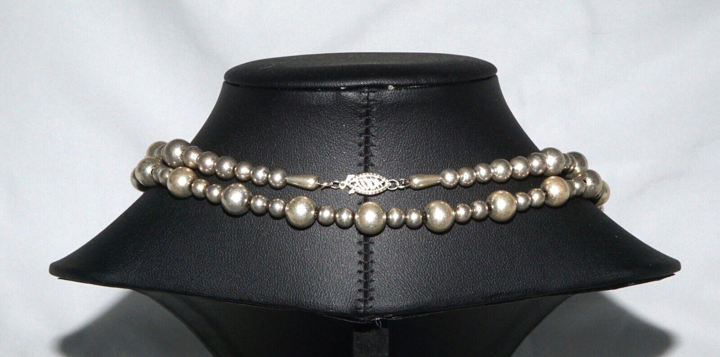 Vintage Silver Dark Tone Beaded Necklace w Fish Clasp - 40 inches (QuC)