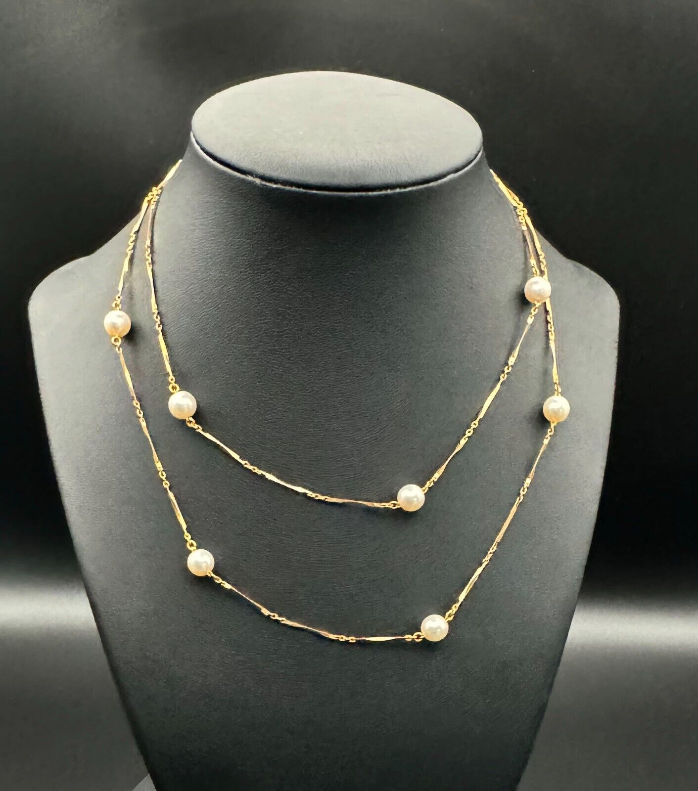 18k Yellow Gold & Bar & Bead Pearl Necklace 31" w Spring Ring Clasp (MeK)