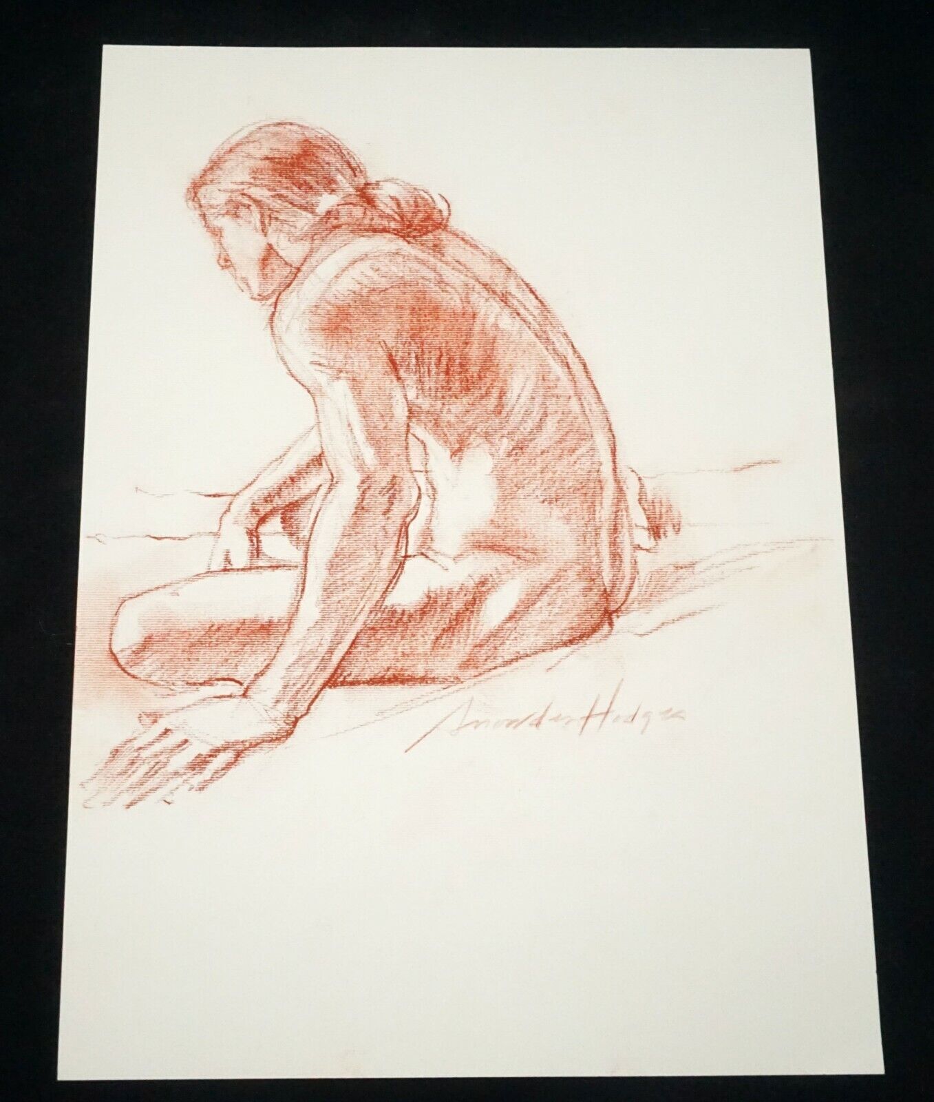 Hawaii Conte Crayon Drawing Seated Male Nude Back View Snowden Hodges (Sho)#40