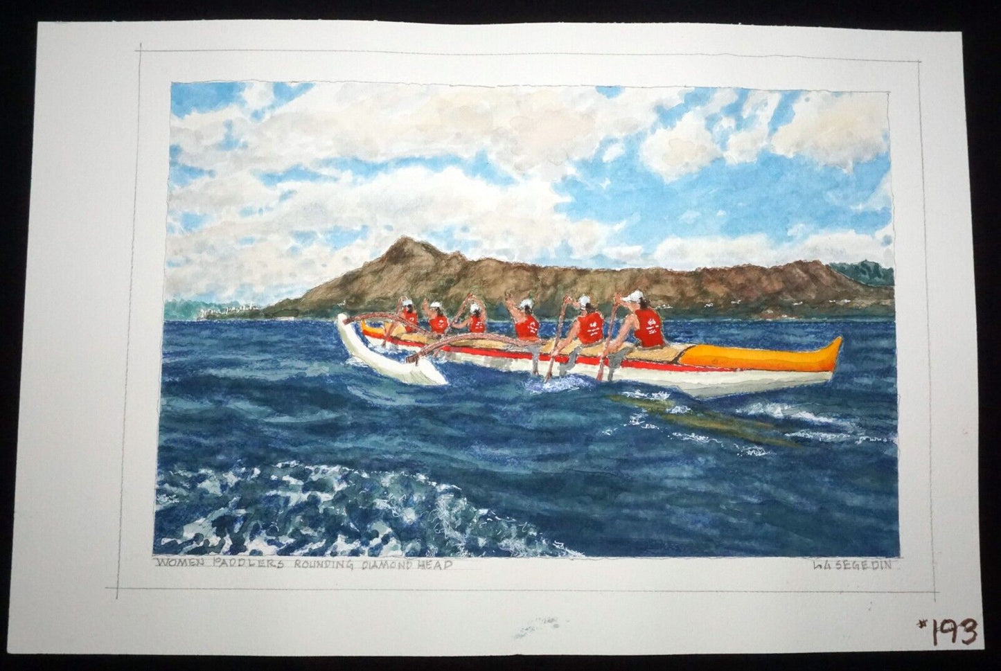 Hawaii Watercolor Painting Woman Paddlers Rounding Diamond Head L. Segedin #193