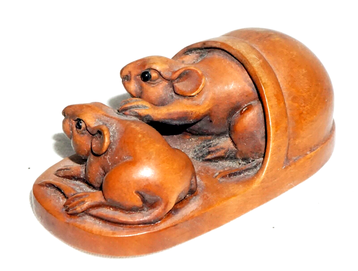 Vintage Japanese Carved Wooden Netsuke Two Mice in a Loafer (FeH
