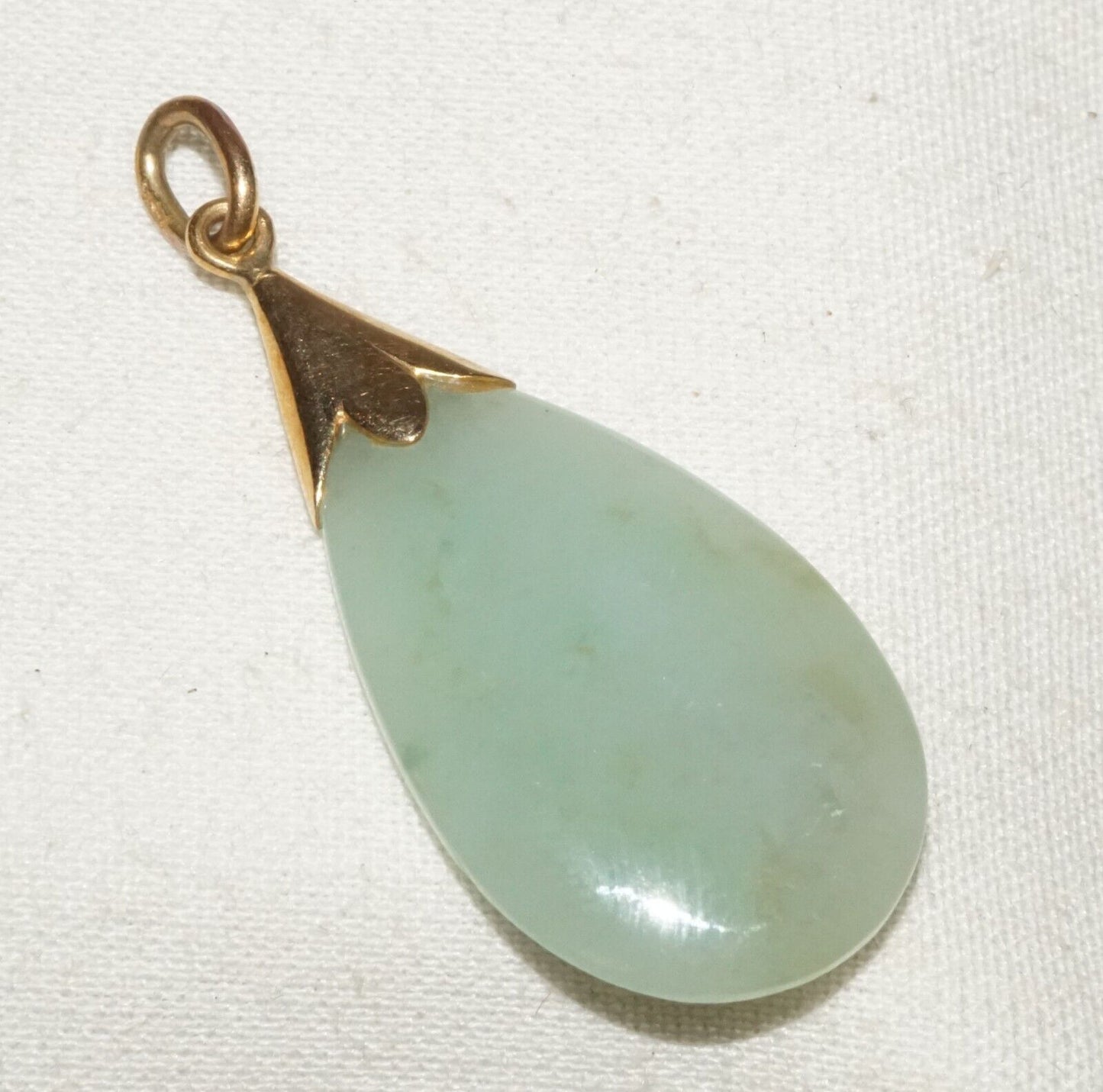 Vintage Chinese 14k Yellow Gold set Green jadeite Jade Drop Pendant (InS)L6