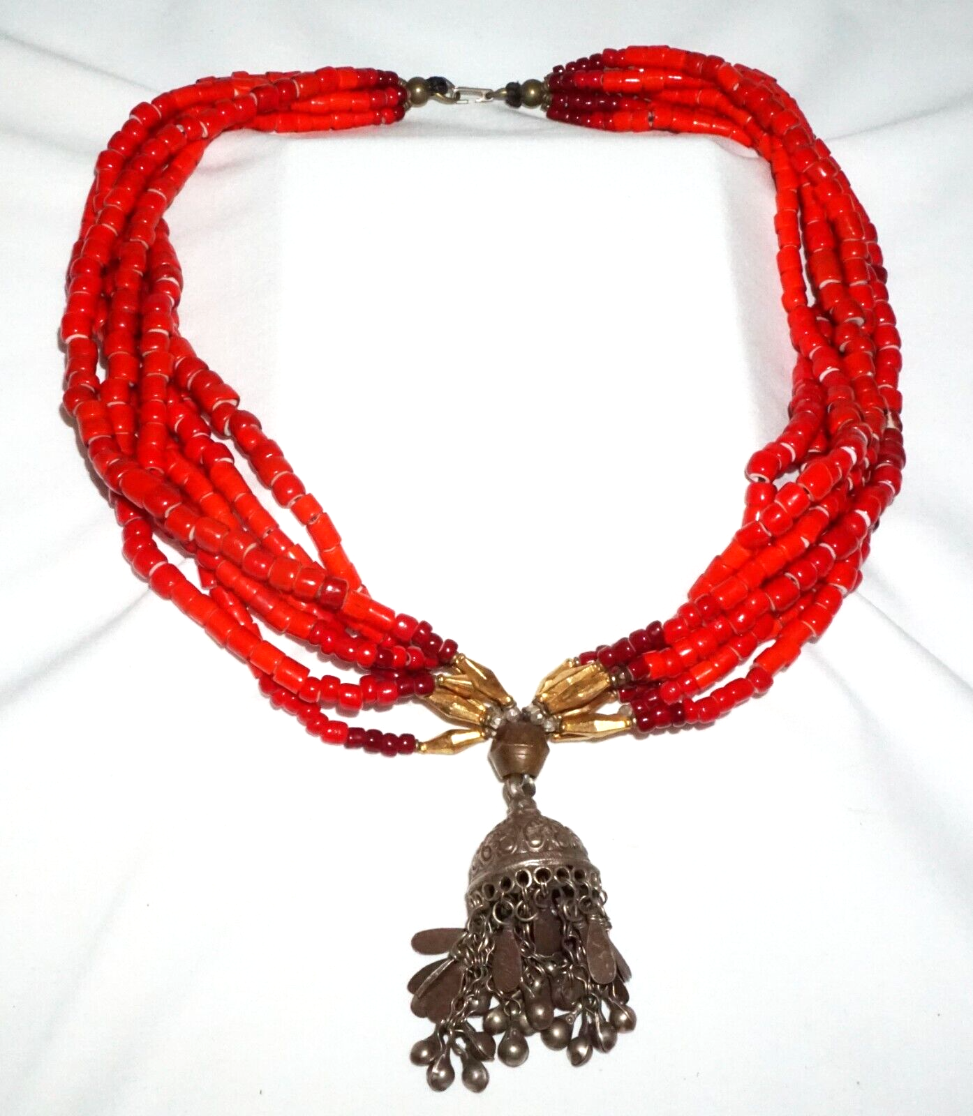 Vtg Chunky 7x Strand Red Glass Bead Necklace Bell Pendant Masha Archer (GeB)#16