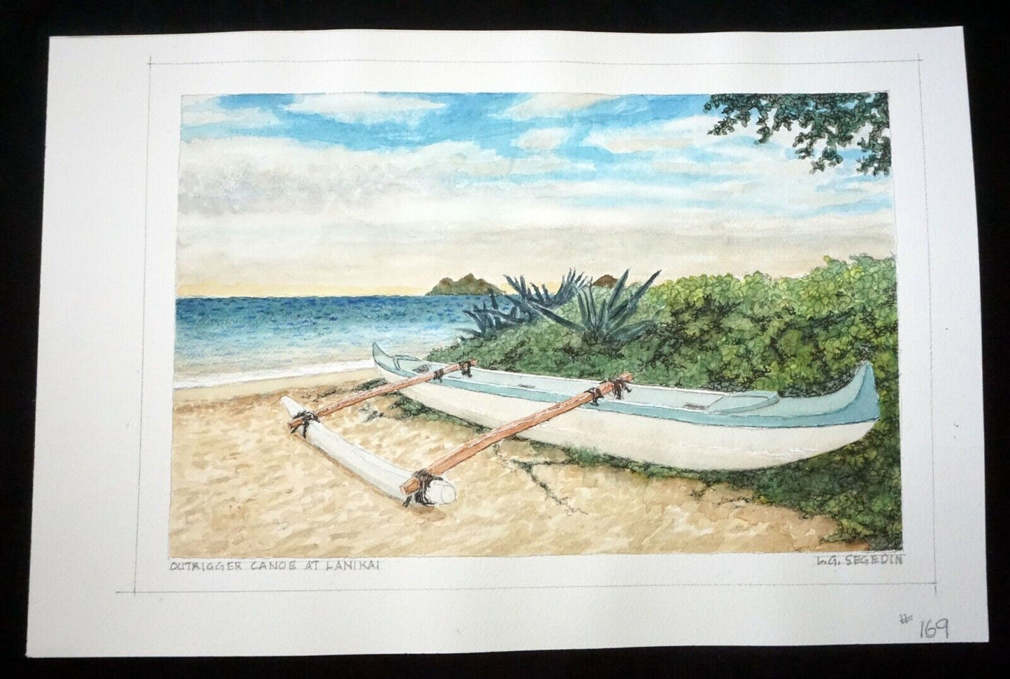 Hawaii Watercolor Painting Outrigger Canoe at Lankai Beach by Larry Segedin #169
