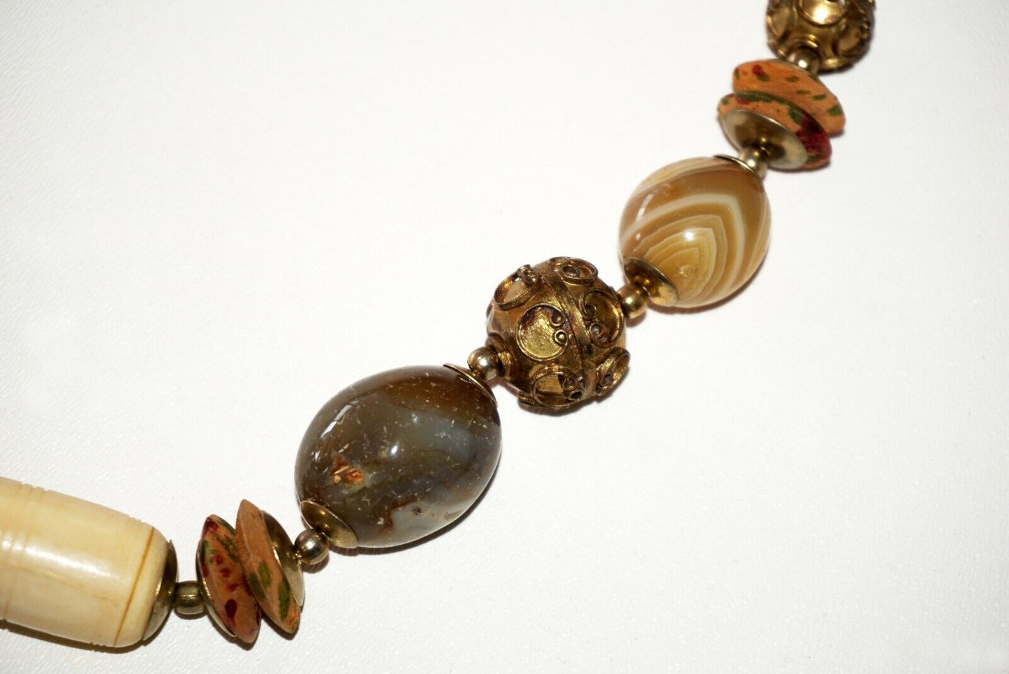 Modernist Bone Stone Brass Bead Necklace w. Resin Pillow Locket Pendant (Bsg)#39