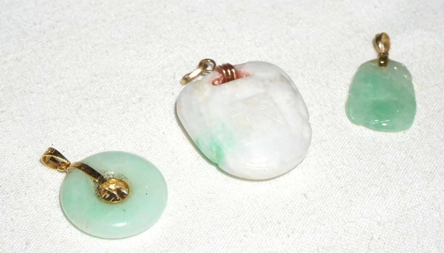 3Pc Vintage Chinese Miniature Jadeite Jade Carved Pendants Lot (***)