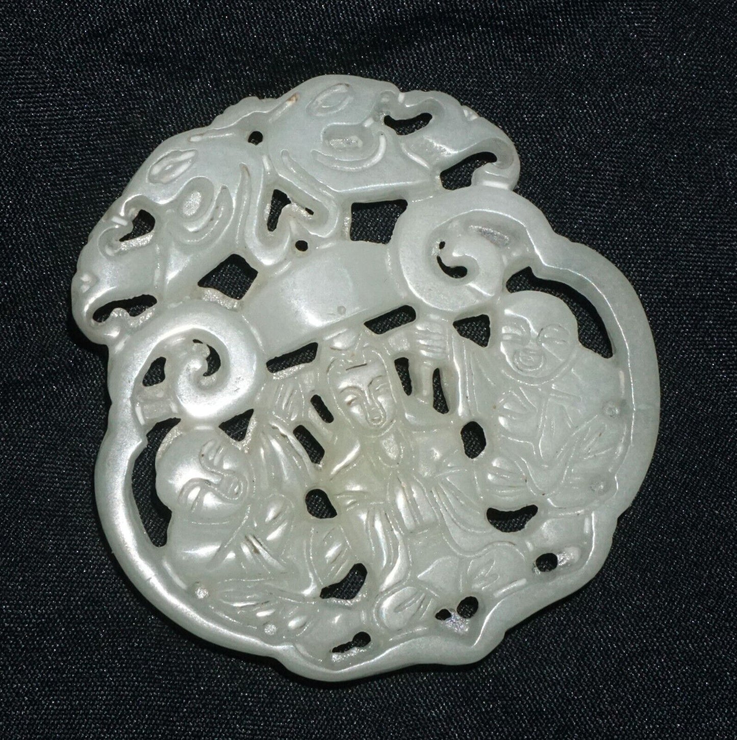 Antique Chinese Nephrite Jade Pierced Pendant Kwan Yin & Twin & Bat Motifs (---)