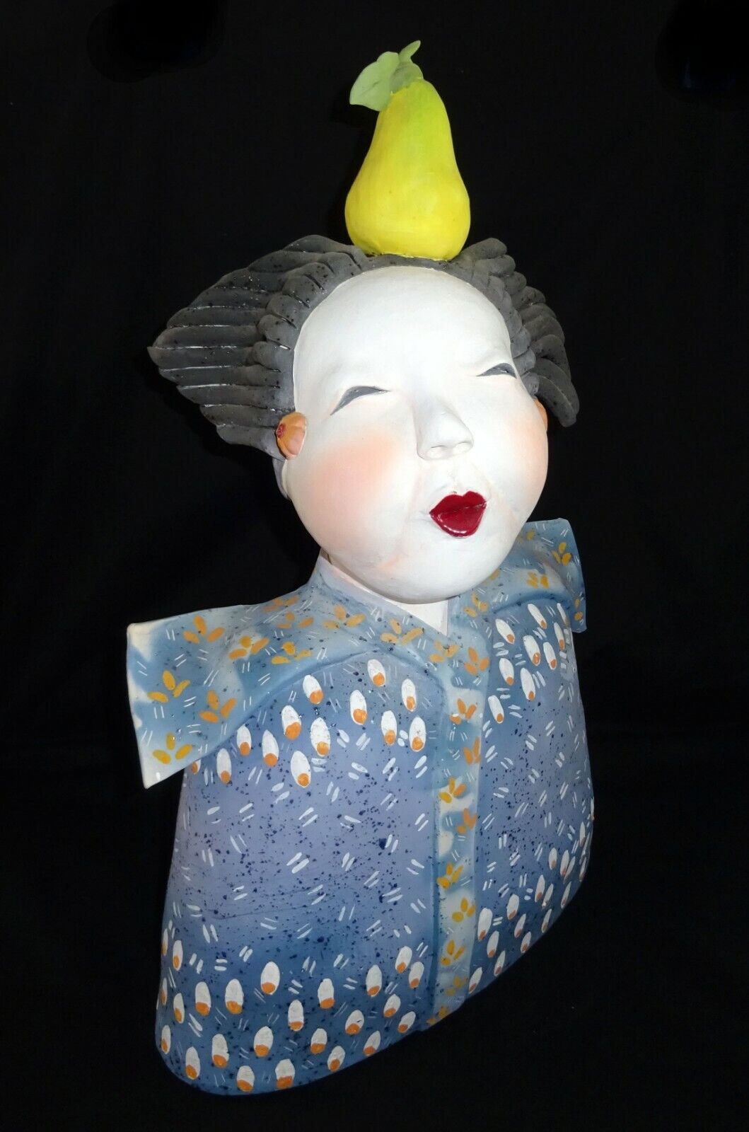 Hawaii Whimsical Pottery Sculpture "Balancing Act w. Pear" by Vicky Chock (Z)