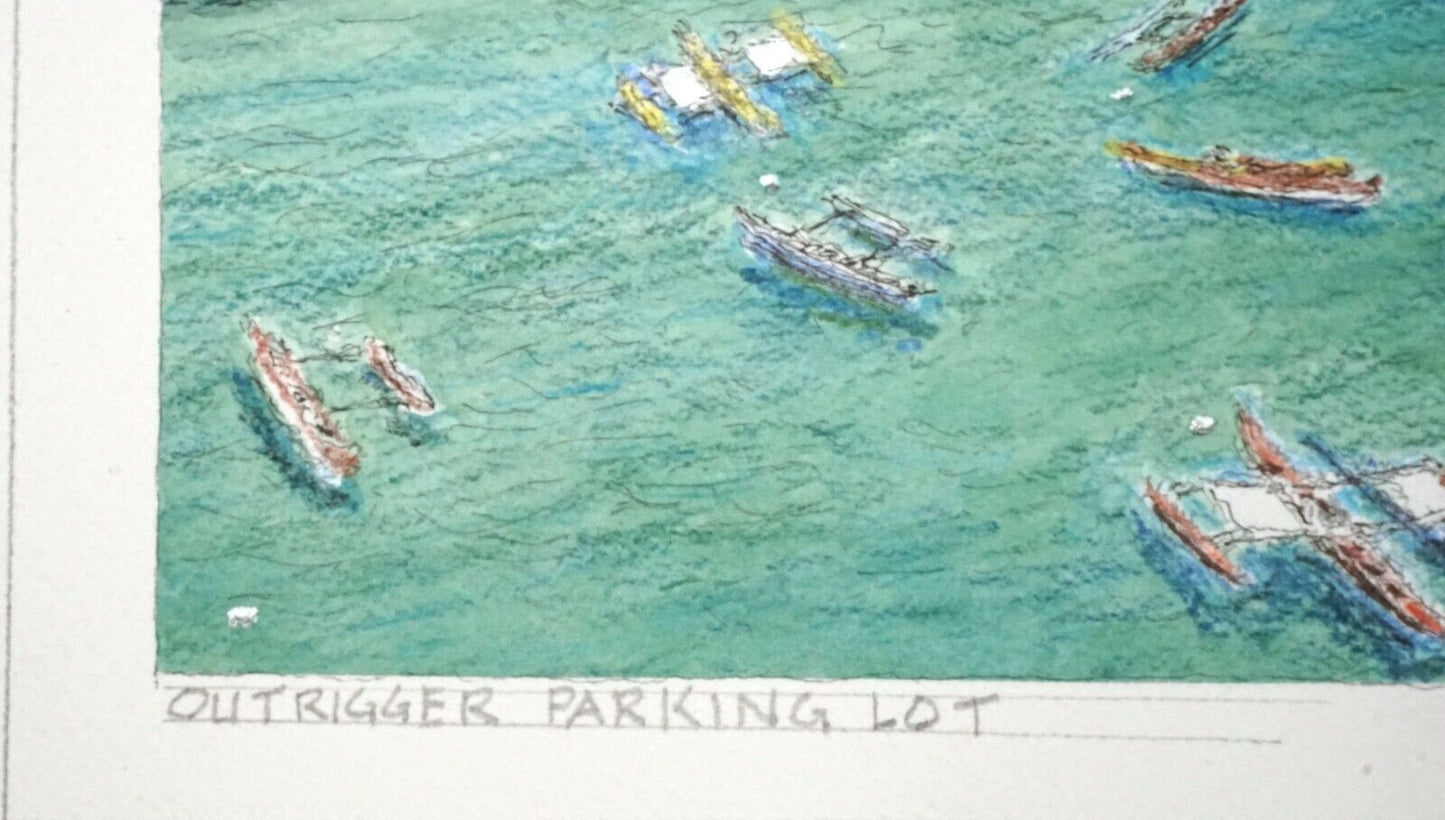 Hawaii Watercolor Painting Outrigger Canoe Parking Lot by Larry Segedin #197