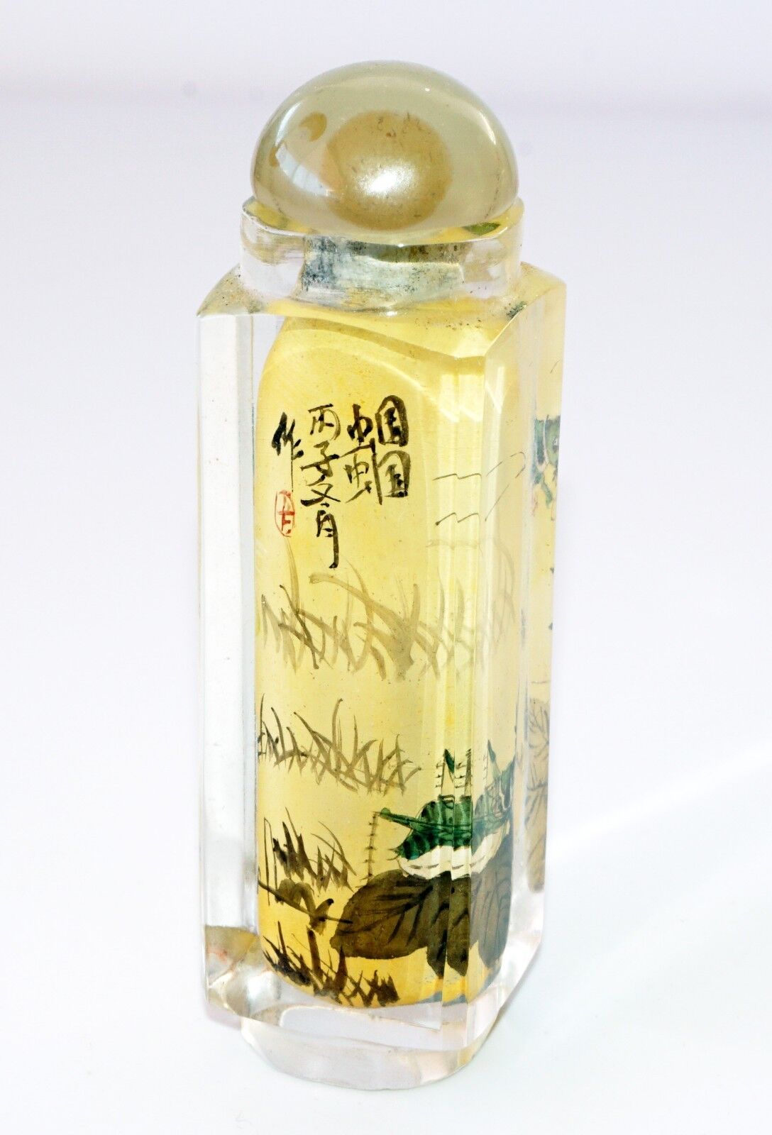 20C Chinese Square Inside Painted Glass Snuff Bottle w. Hard-stone Stop (Pal)
