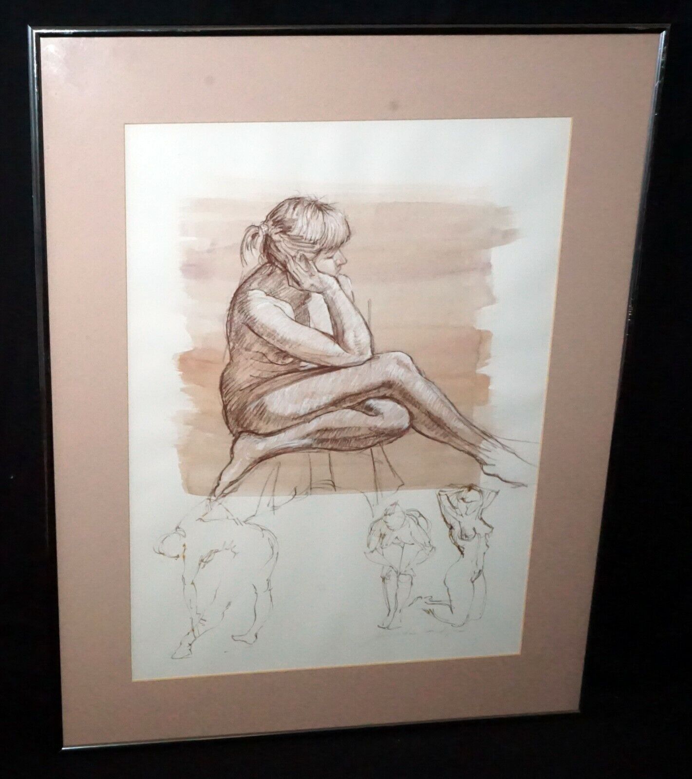 Hawaii Framed Conte Wash Drawing Painting Female Nude by Snowden Hodges (Sho)