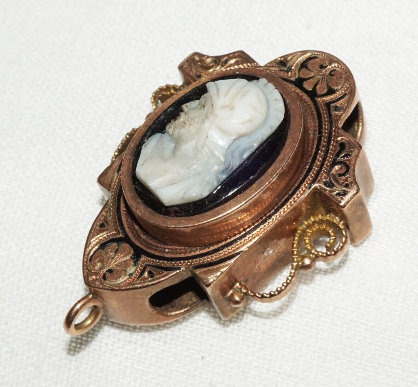 Antique Rose Gold & Black Enamel Slide Pendant w Shell Cameo Soldier Motif (AHB)