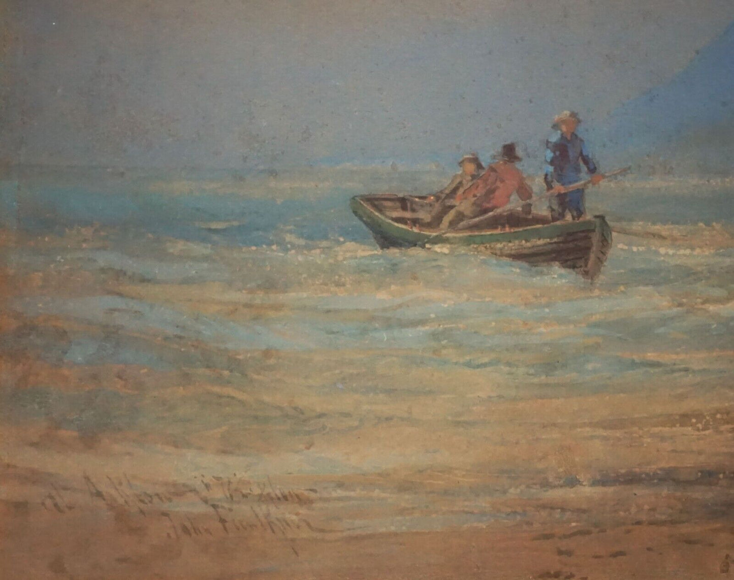 1870s Irish WC Painting Fisherman at Arklow County Wicklow by John Faulkner (AhB