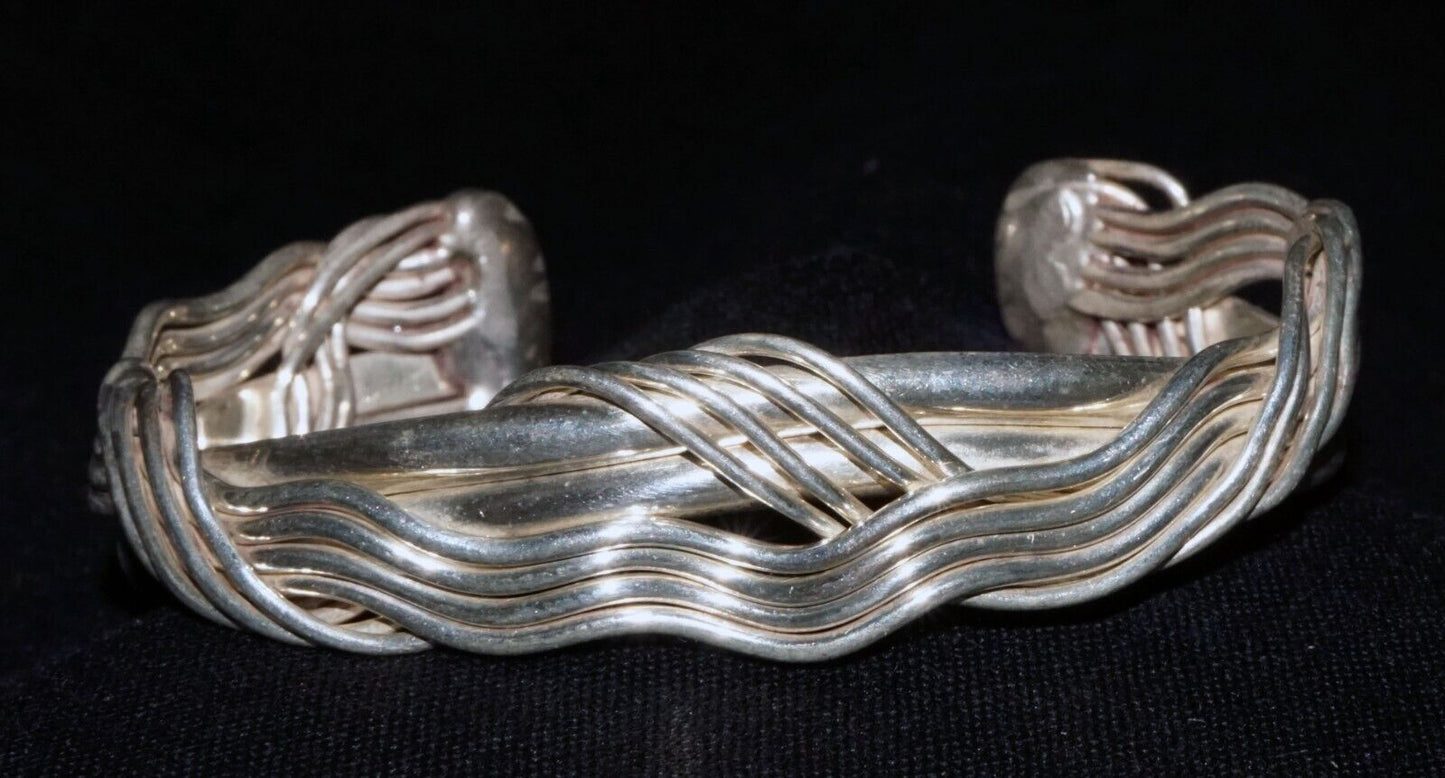 Vintage Modernist Sterling Silver Cuff Bracelet Wire & Bar Design unsigned (WoJ)