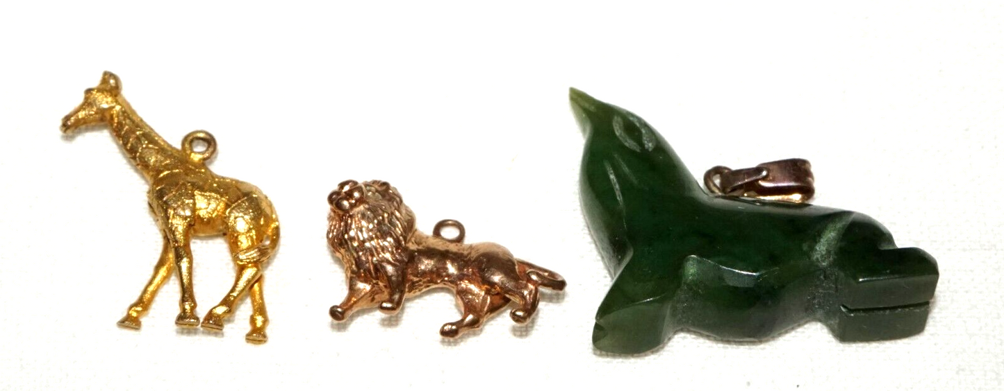 3Pc US UK 9k/14k Gold & Jade Animal Charms Giraffe, Lion, Sea Lion (KoS) L23