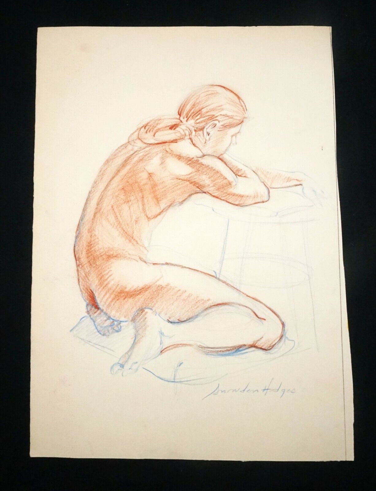 Hawaii Blue Pencil & Conte Drawing "Seated Male Nude" by Snowden Hodges (Sho)#1