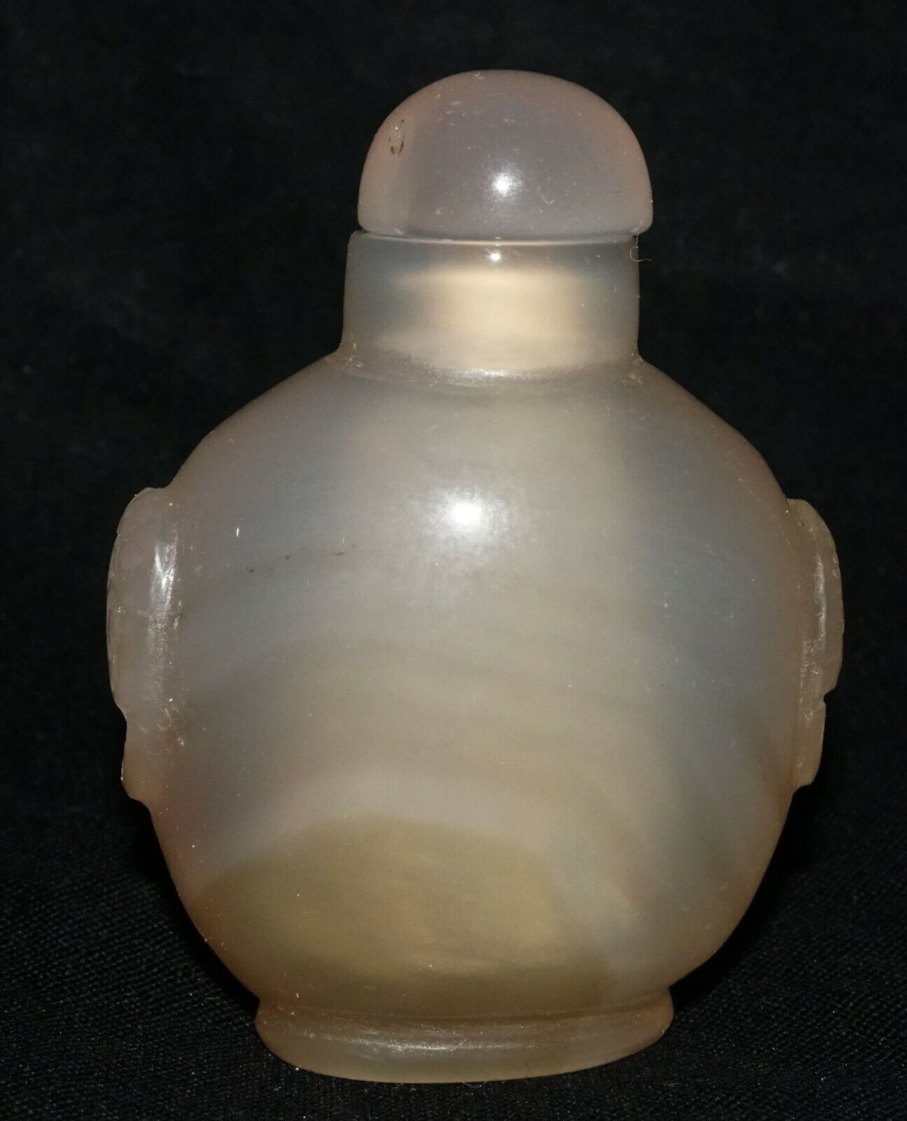 Vintage Chinese Agate Carved Snuff Bottle w. Mask Handles & Stopper (LeS) G2