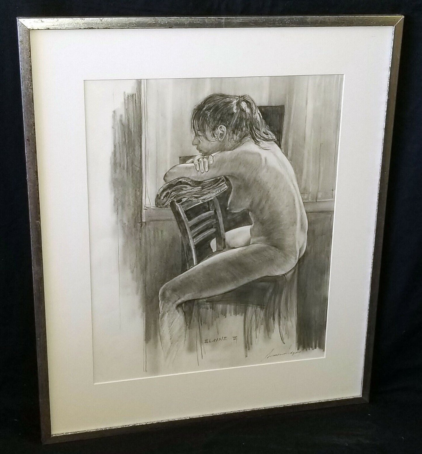 Hawaii Framed Charcoal Painting Seated Nude Elaine II by Snowden Hodges (Sho)