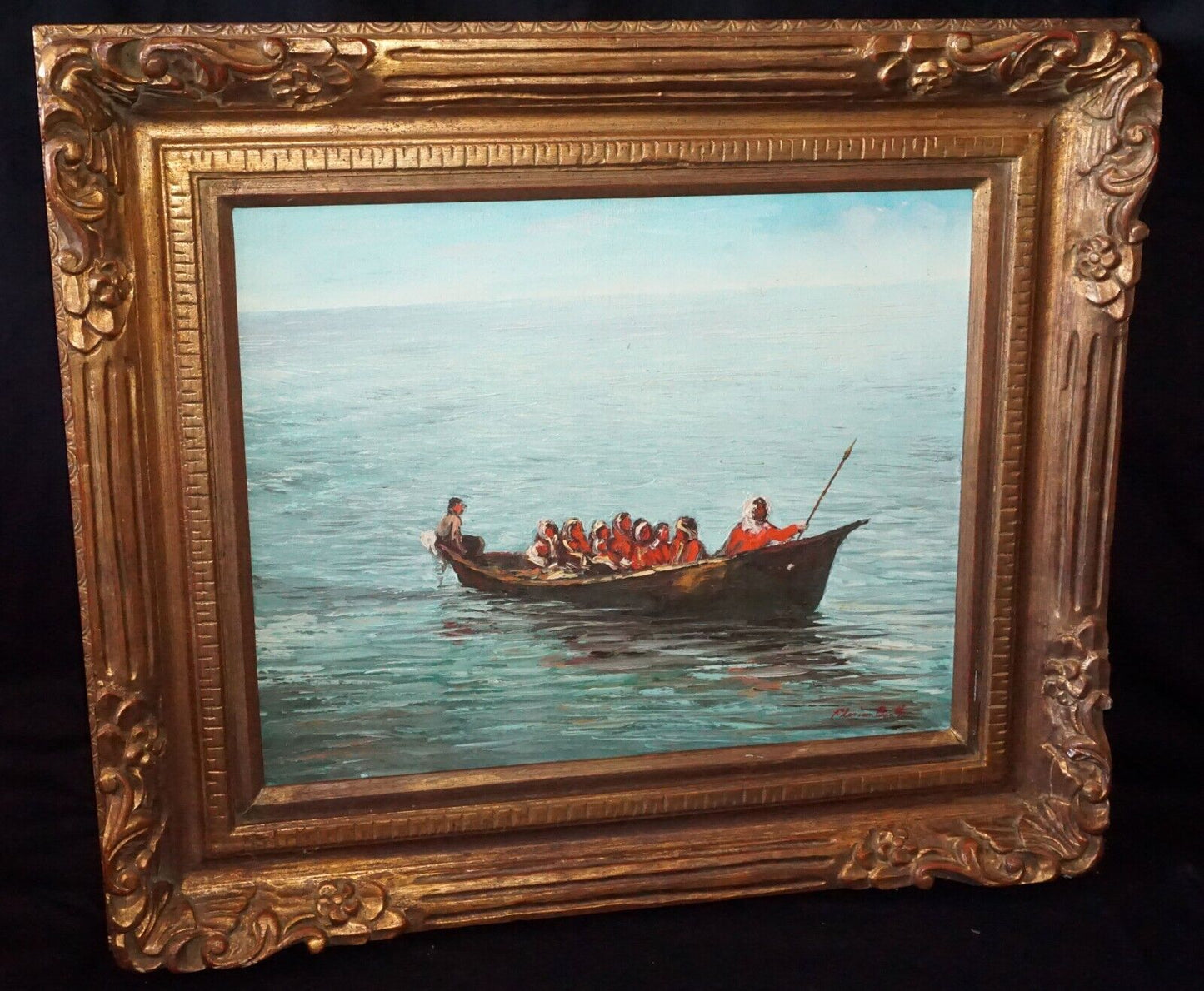 Vintage US Framed Oil Painting Native American in a Boat by Florian Barth (New)