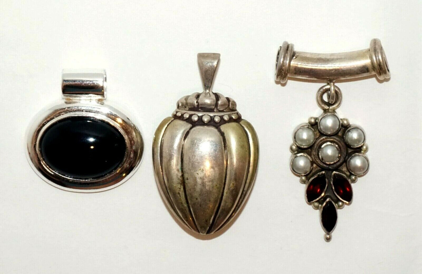 3Pc Vintage Sterling Silver Pendant Lot w. Garnets, Pearls & Onyx (HaL)#16