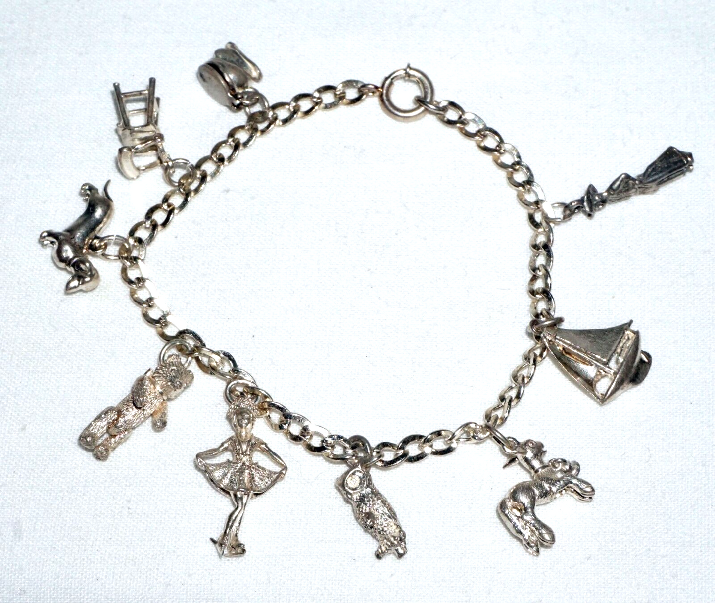 Vintage Sterling Silver Charm Bracelet w. 9x Charms Ballerina Wiener Dog (BrM)#6