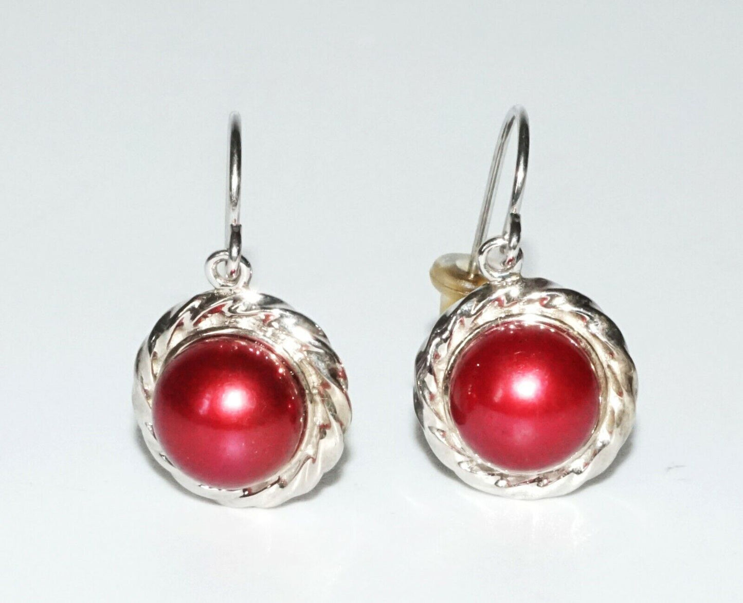 4Pc Sterling Silver & Red Pearl Necklace Ring Sz.8 & Pair Earrings Set (SaR)#441