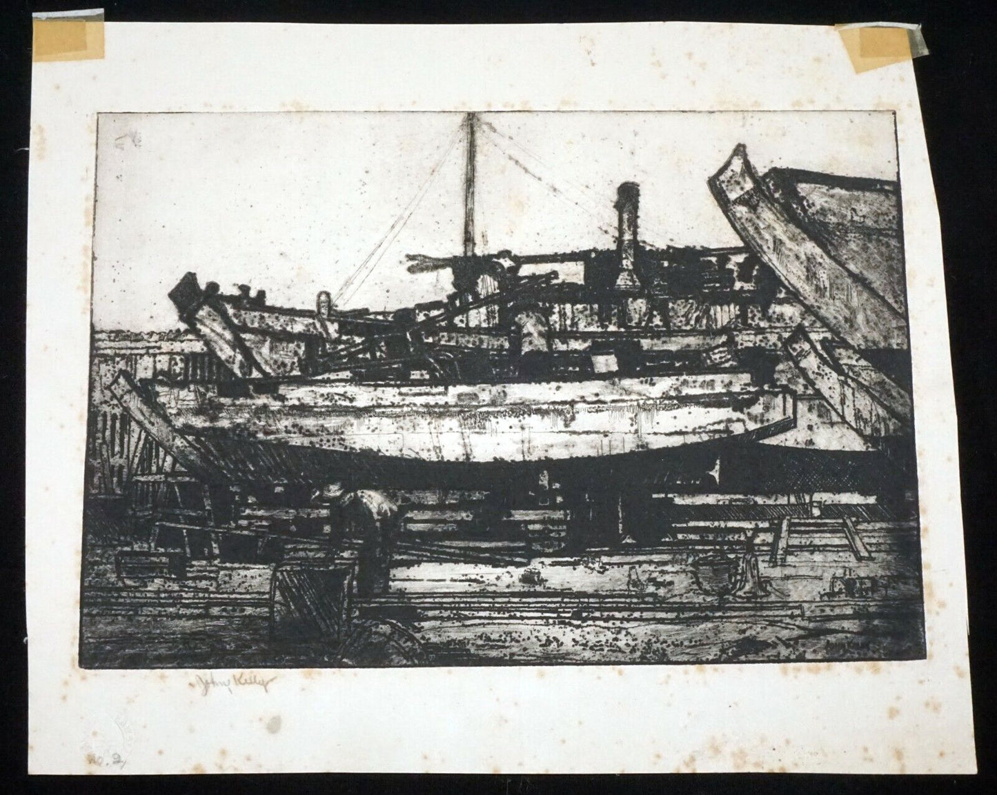 30s Hawaii Etching Print Dry Dock Boats by John Melville Kelly (1879-1962)(Kel)