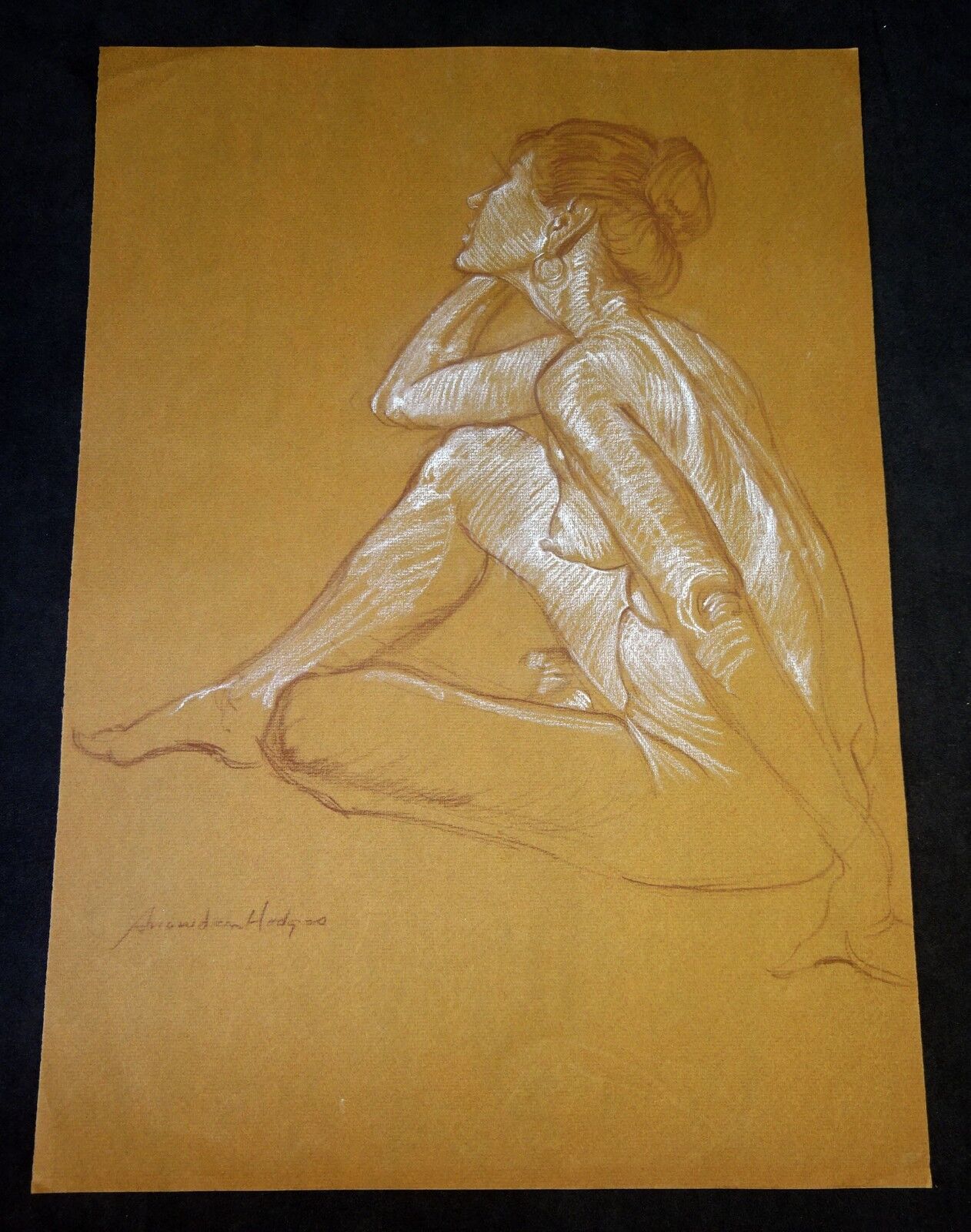 Vtg Original Mixed Media Drawing Painting Seated Nude by Snowden Hodges (Sho)