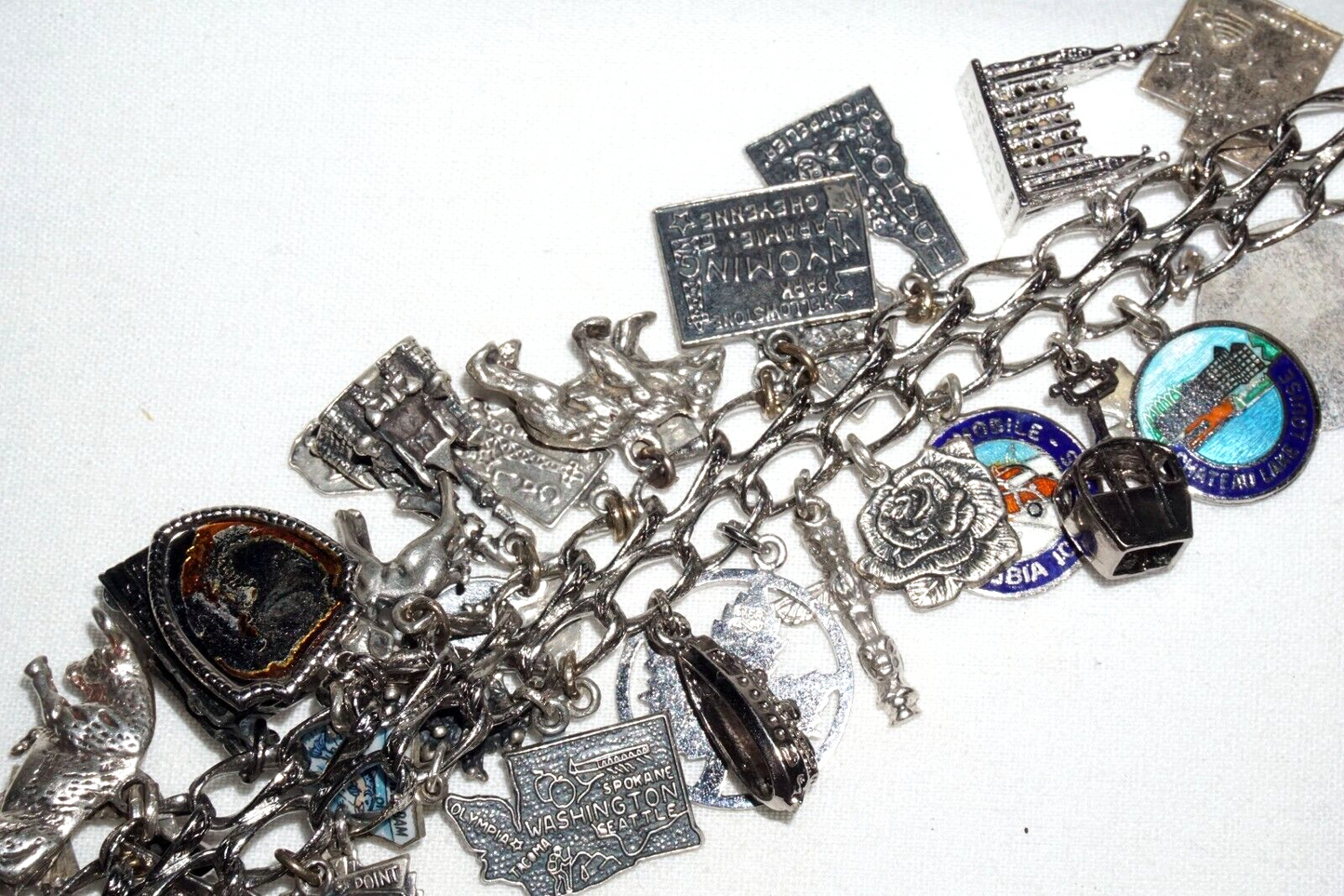 Vintage Sterling Silver Charm Bracelet w. 40x Travel & US State Charms (BrM)#6