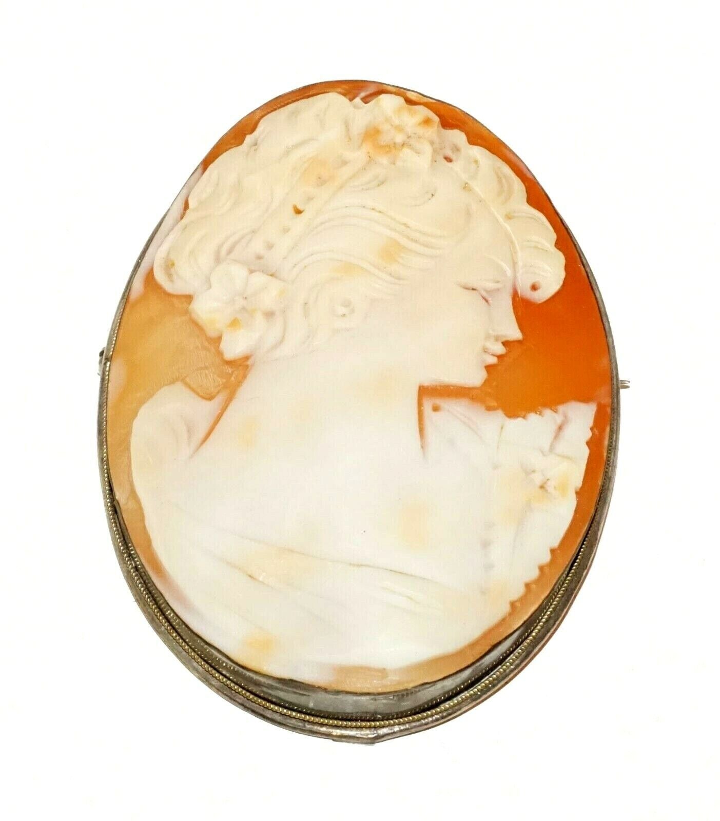 Italian Sterling Silver Shell Cameo Brooch Pendant w. Female by Giorgio (BrM)#9
