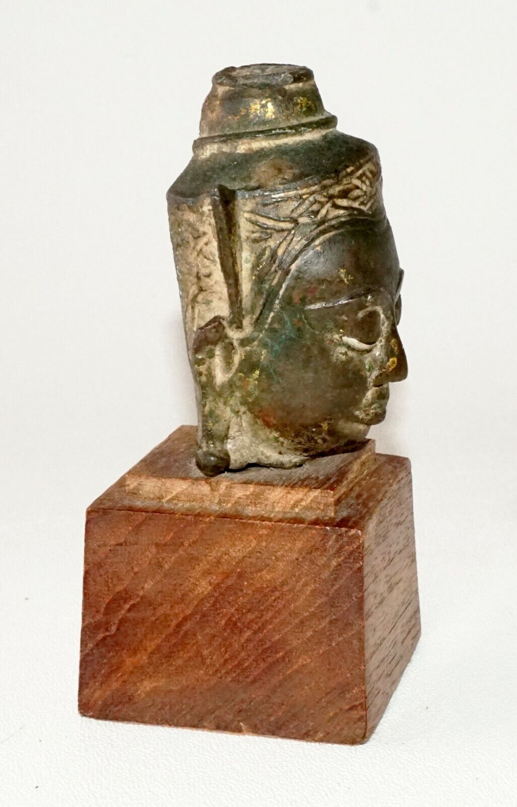 Antique S.E. Asian Mounted Bronze Buddha Head Fragment on Wooden Base (TaE)