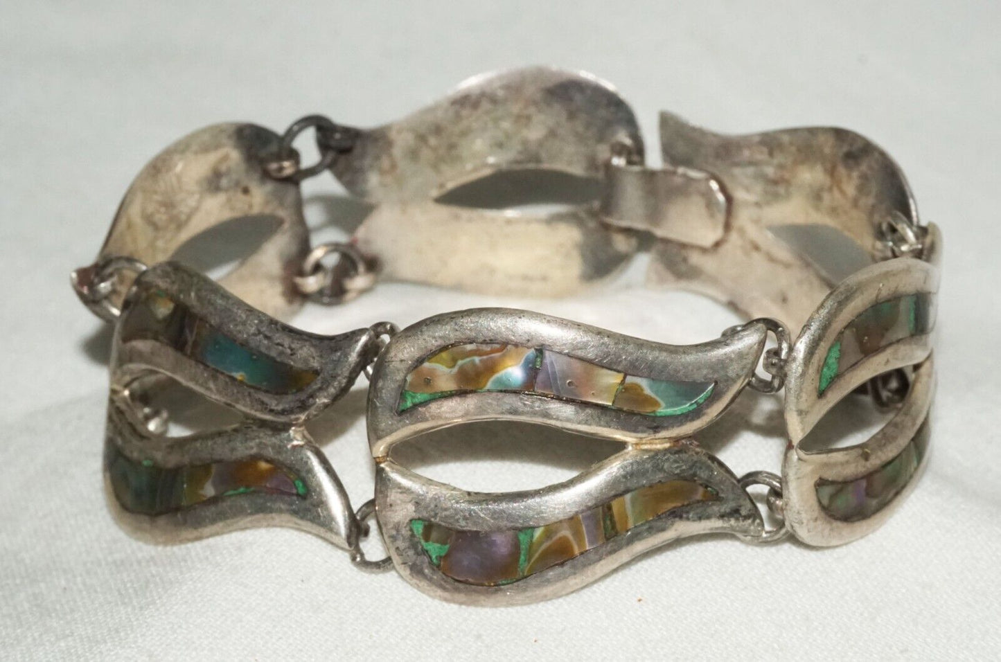 Vintage Mexican Modernist Sterling Silver & MoP Link Bracelet by DHS (TuD)
