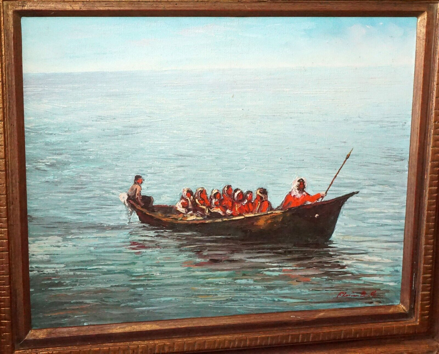 Vintage US Framed Oil Painting Native American in a Boat by Florian Barth (New)