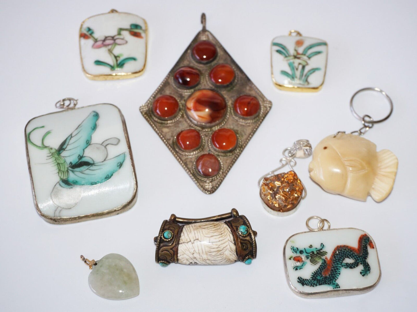 9x Vintage & Antique Oriental Silver Chard & Jade Mixed Pendant Lot (Yam)#18