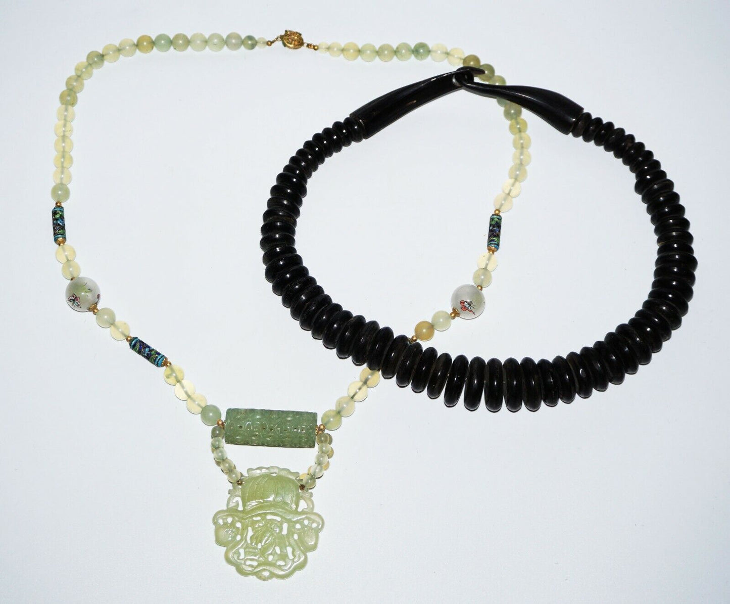 2x Vintage Chinese Horn & Hard-stone & Glass Bead Necklace w. Pendant (NoN)C2