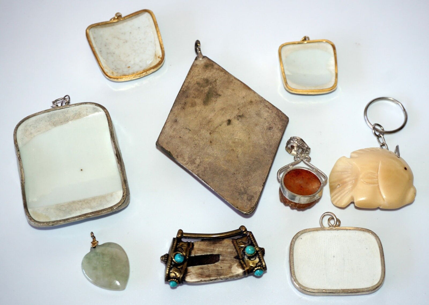 9x Vintage & Antique Oriental Silver Chard & Jade Mixed Pendant Lot (Yam)#18