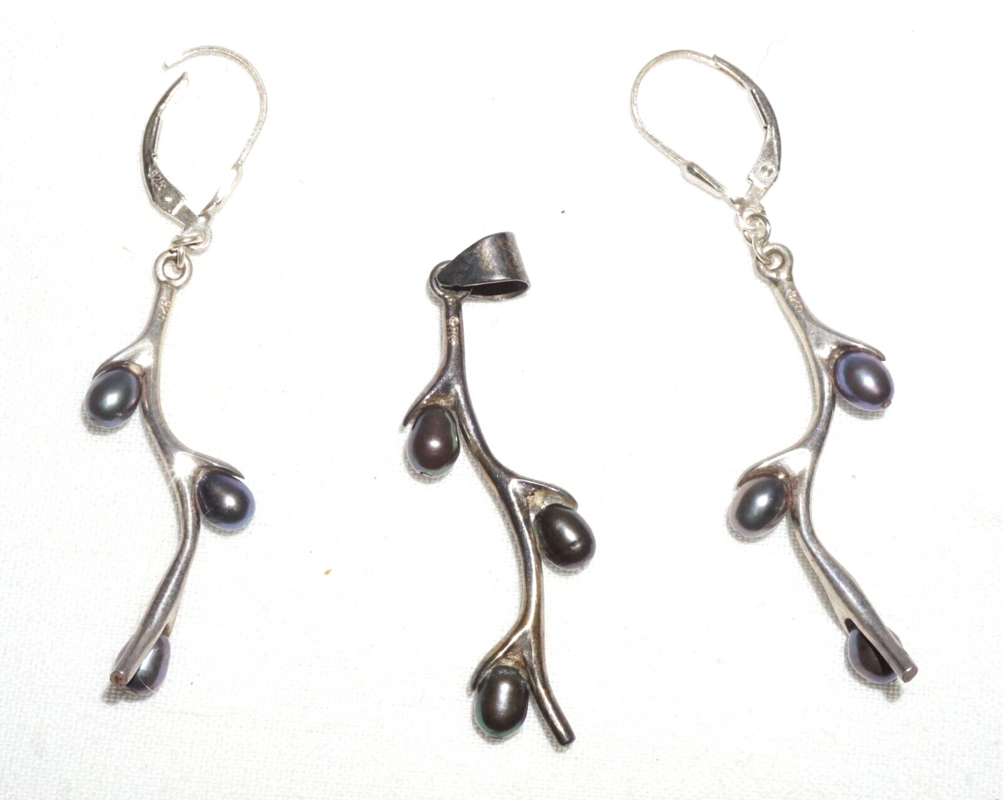 3Pc Vtg Sterling Silver & Grey Pearl Branch Motif Earrings & Pendant set (JoD)