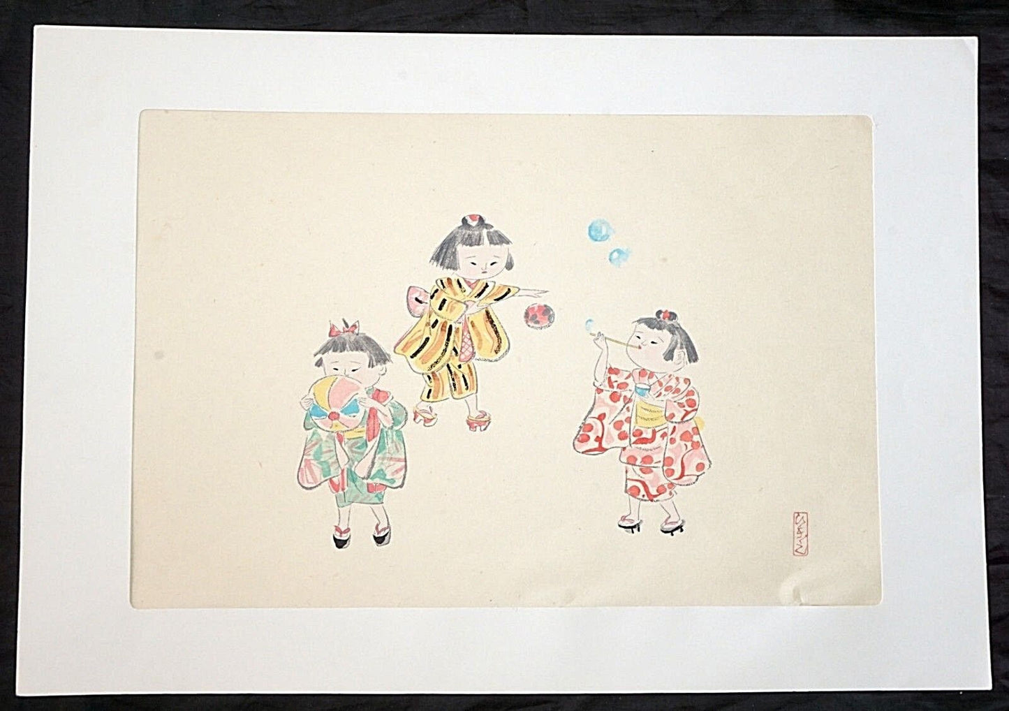 60s Japanese Woodblock Print Three Girls Blowing Bubbles Hitoshi Kiyohara (***)