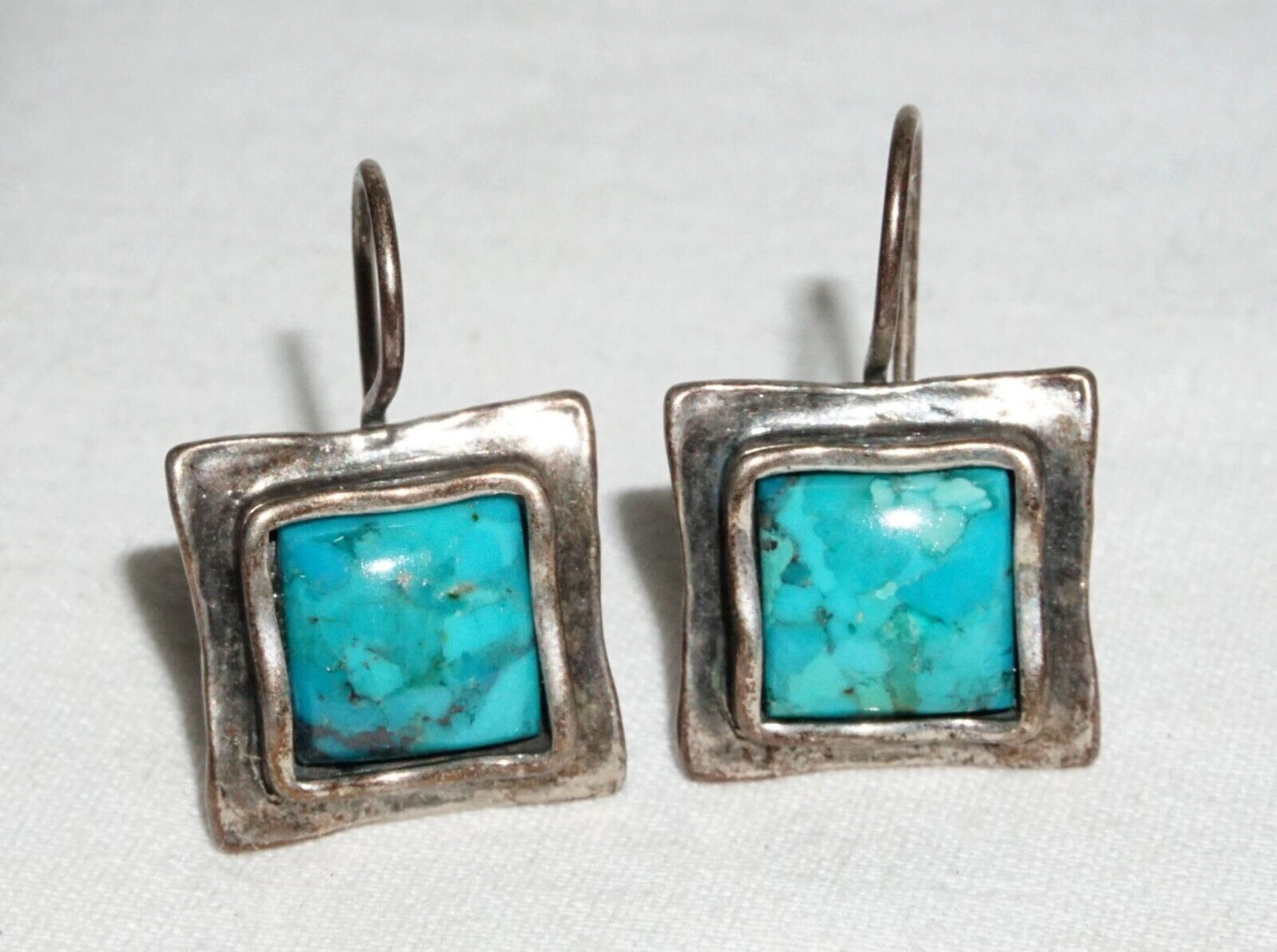 Vintage Sterling Silver Pierced Ear Earrings w. Square Turquoise Accents (---)