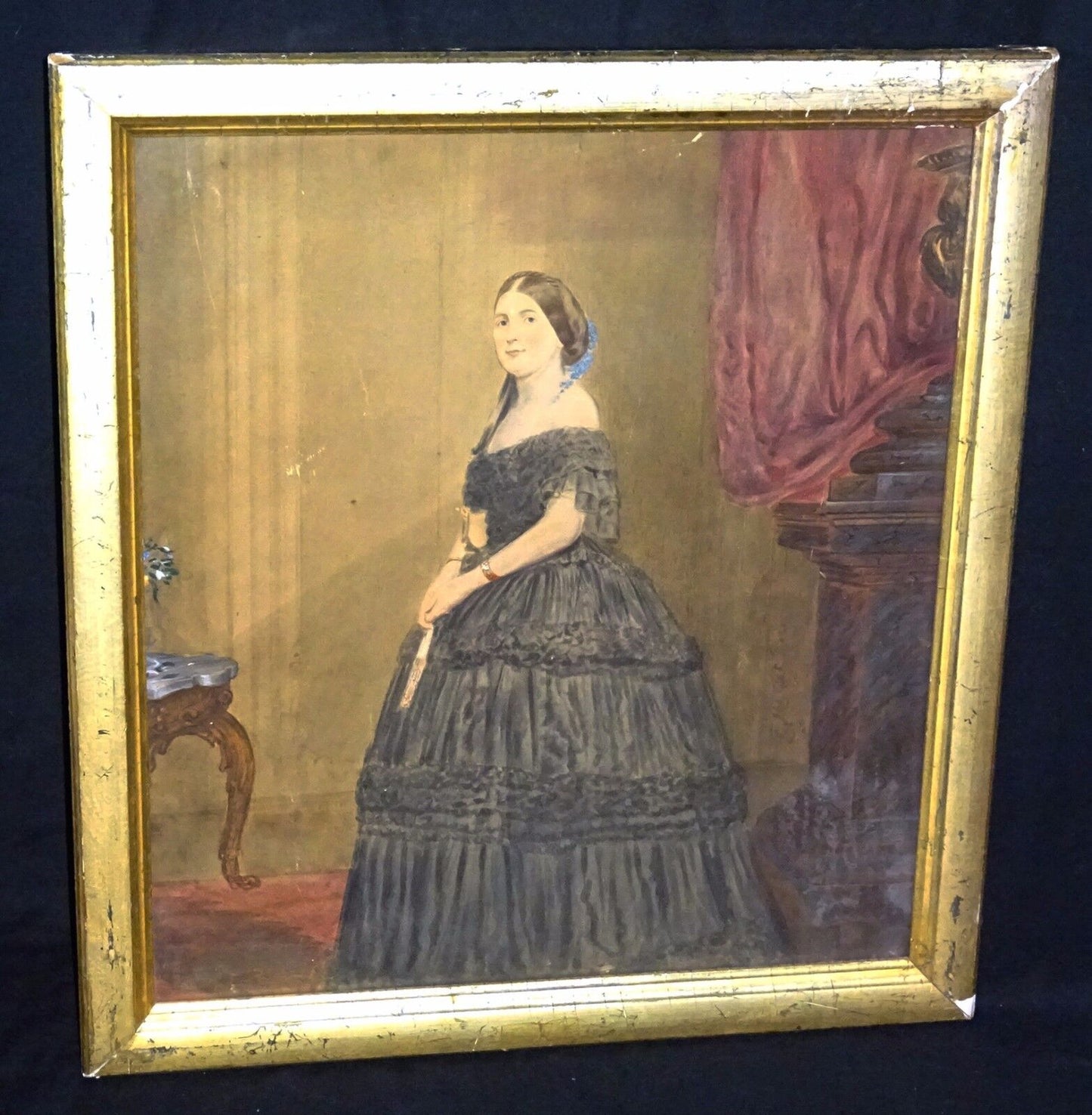 19C Victorian Gouache WC Portrait Painting Woman in Interior illegibly sign(Sto)