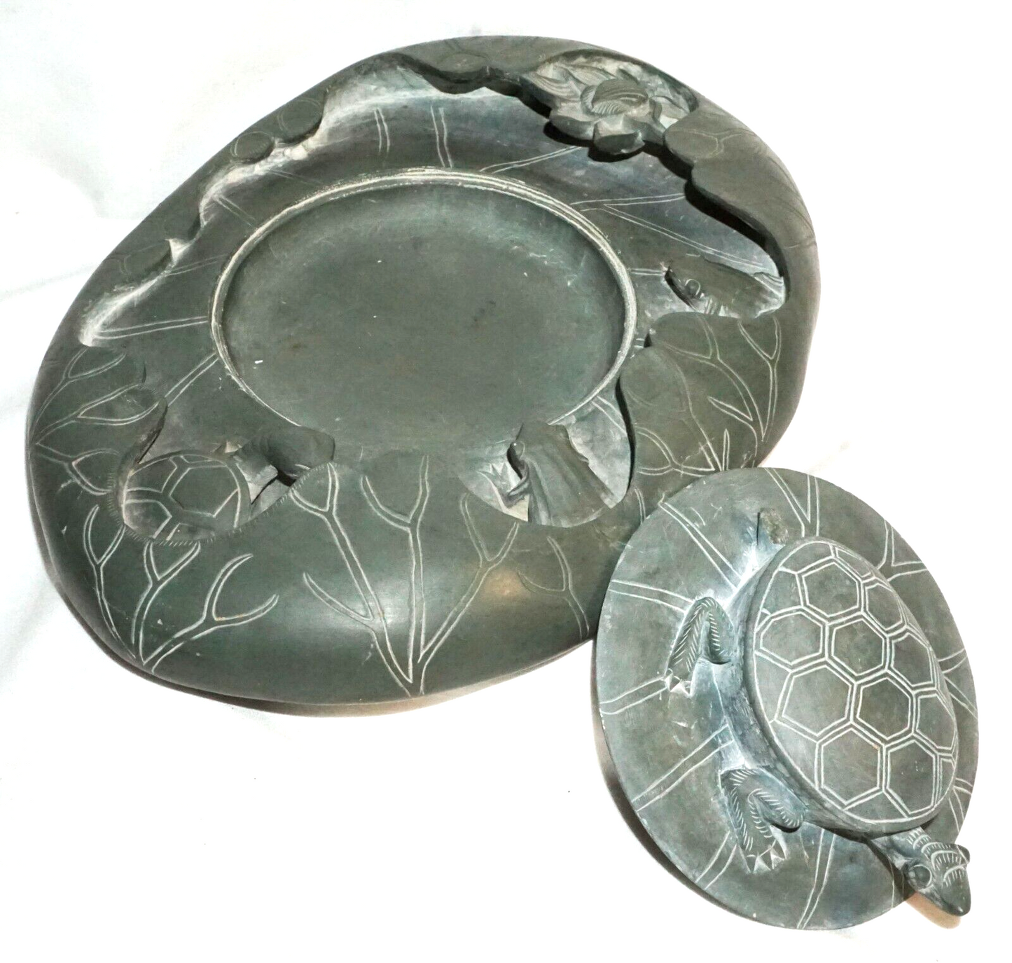 Chinese Large Slate Carving Ink Stone Scholars Desk Tortoise & Toad Motif (ChT)